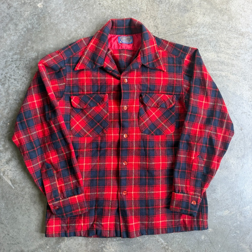 Vintage 60s Pendleton Flannel Loop Collar Button Up Shirt Wool Buffalo Plaid L